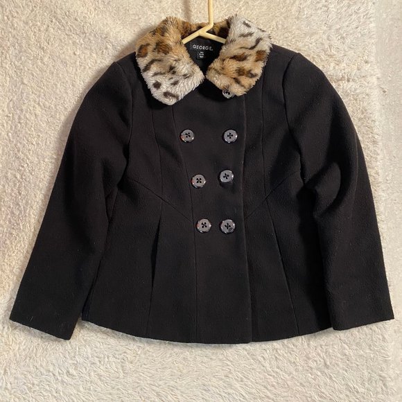 Kids Black Pea coat Jacket with animal print Collar - Picture 2 of 5